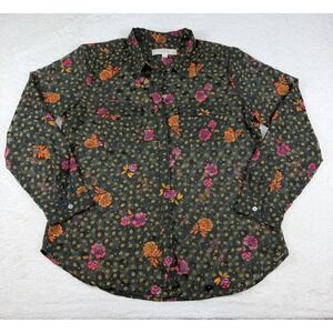 Loft Sheer Floral Button Up Shirt Black Womens M Petite Boho Colorful LS